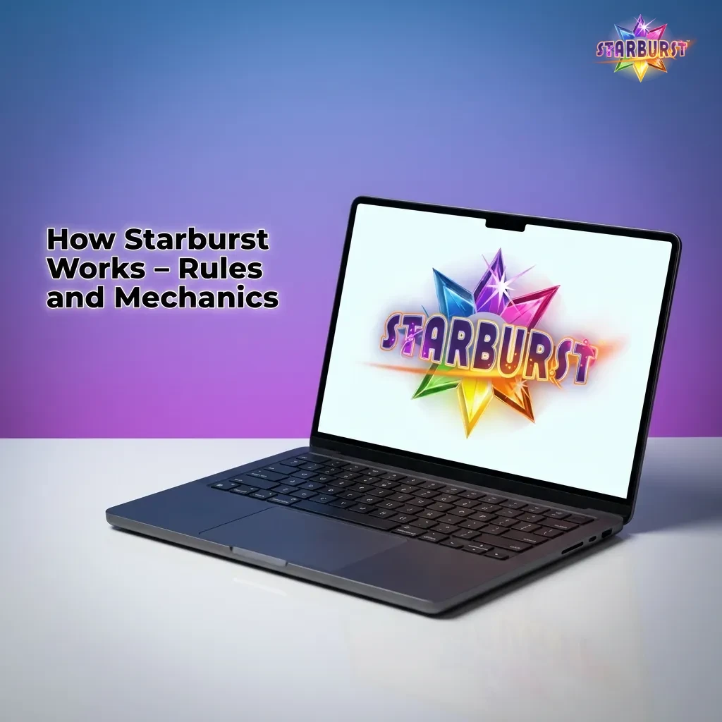 Starburst slot game showing five reels, three rows, and ten paylines with colorful gem symbols and expanding wild features.