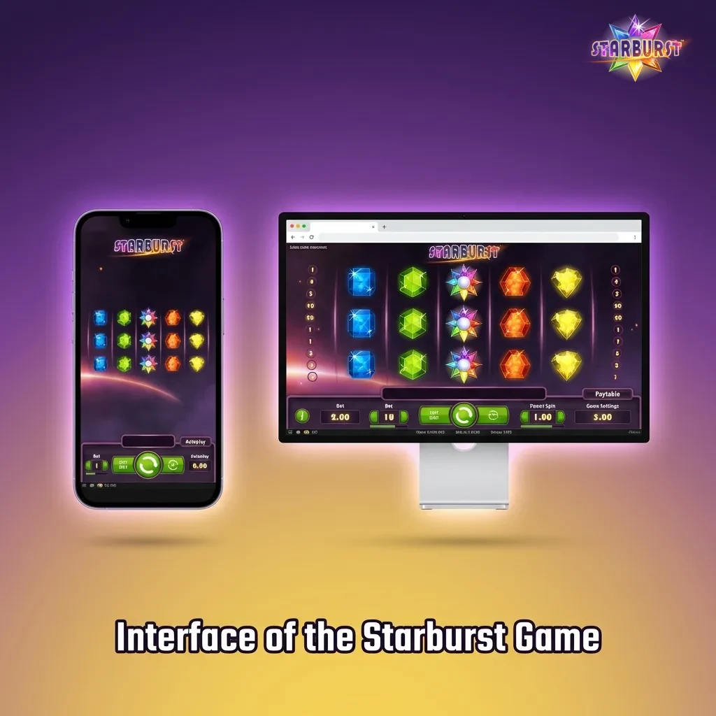 Starburst game interface showing cosmic backdrop with glowing gems, control buttons at bottom, and accessible paytable icon.