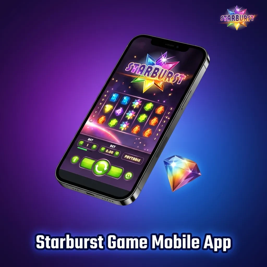 Smartphone displaying Starburst slot game with colorful gems on screen, showing mobile casino gaming interface