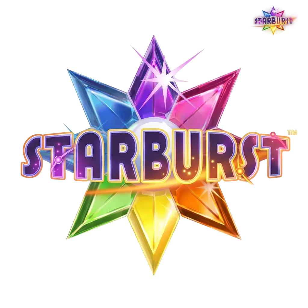 Colorful Starburst slot game interface showing five reels with glowing gems and expanding wild symbols