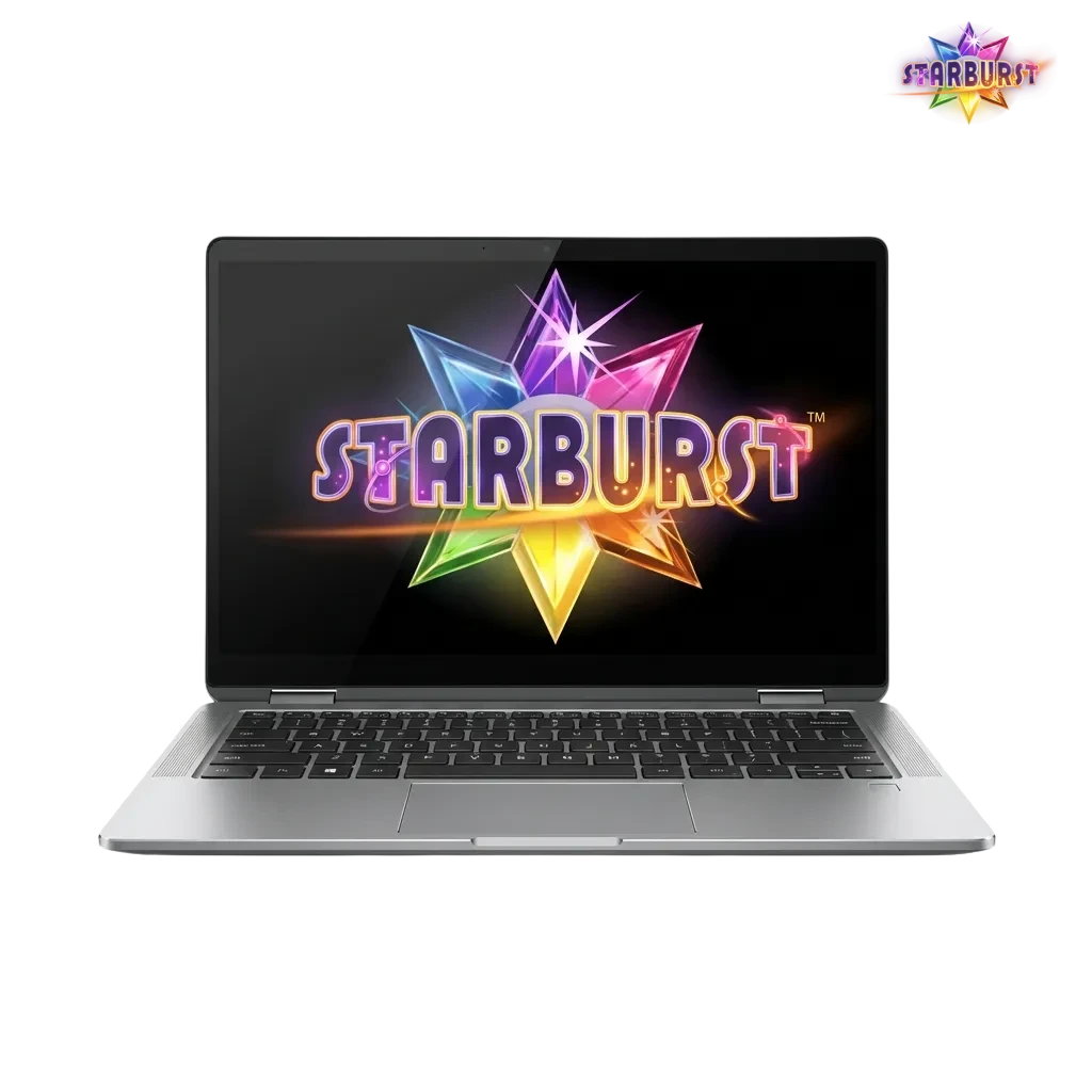 Colorful Starburst slot machine interface showing spinning reels with gem symbols and strategic betting controls